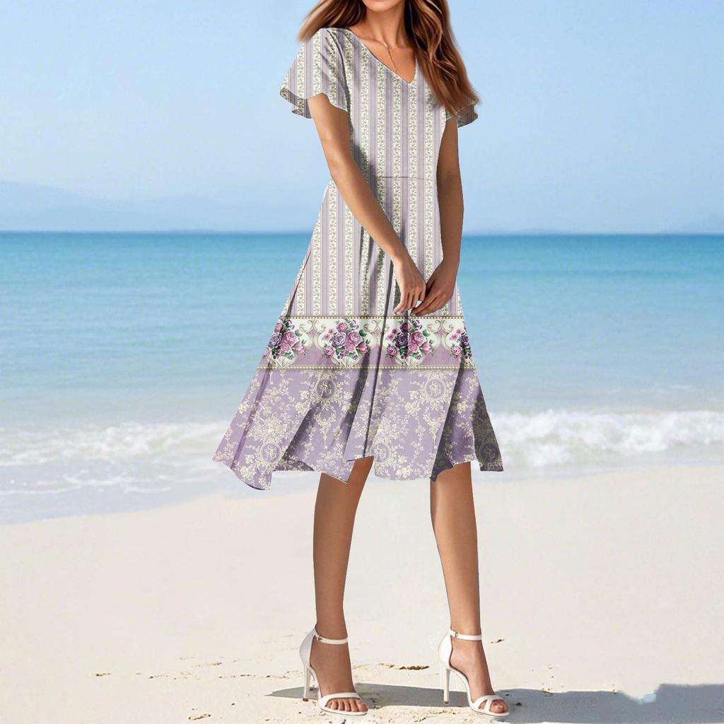 Women's Summer Casual Fashion Flower Print Dress V Neck Short Sleeve Short Skirt