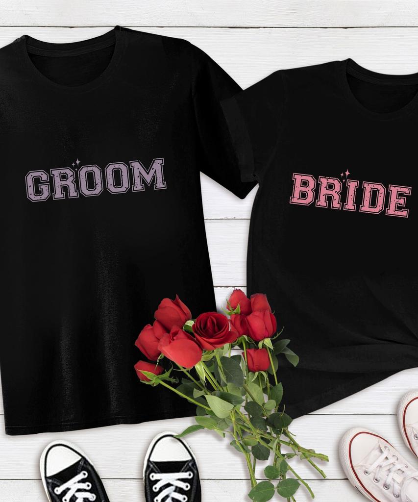 Bride and Groom T-shirt, Matching Couple Wedding Gift, Mr & Mrs Tee