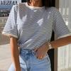 Женские модные повседневные летние весенние блузки и рубашки с круглым вырезом и короткими рукавами с полосатым принтом