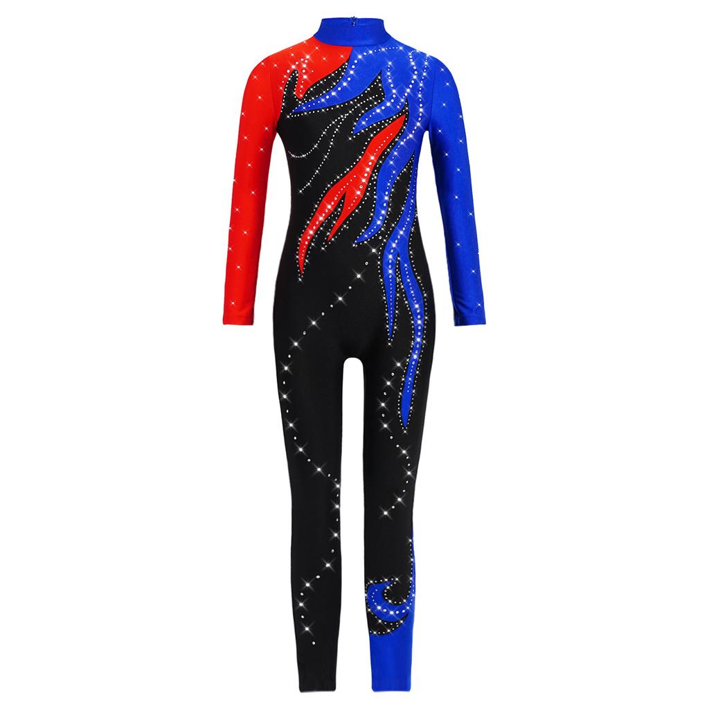 Девочки Цветной блок Гимнастический комбинезон Водолазка Длинный рукав Блестящие стразы Боди Комбинезон На все тело