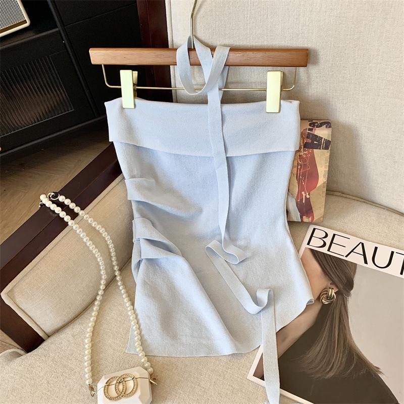 French Off-Shoulder Camisole: Summer Women's Pleated Top with Irregular Slits and Elegant Back Design