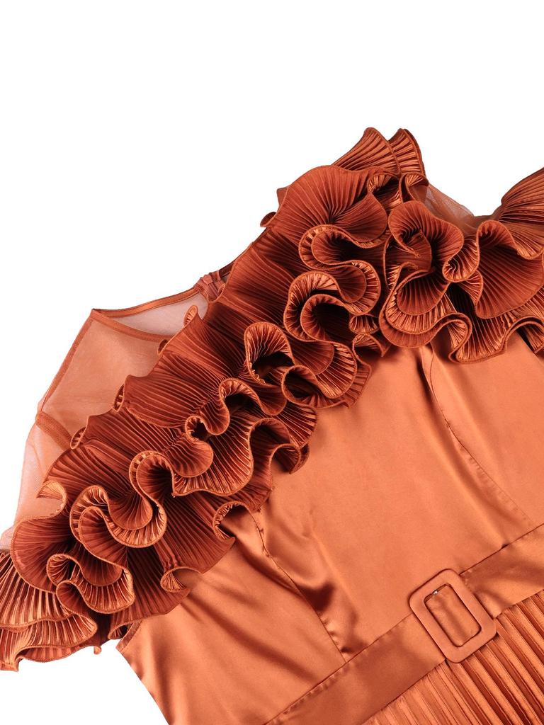 Женское платье большого размера с оборками по подолу, сетчатой вставкой и плиссированной юбкой с акцентом на талии - Элегантное высококлассное вечернее платье