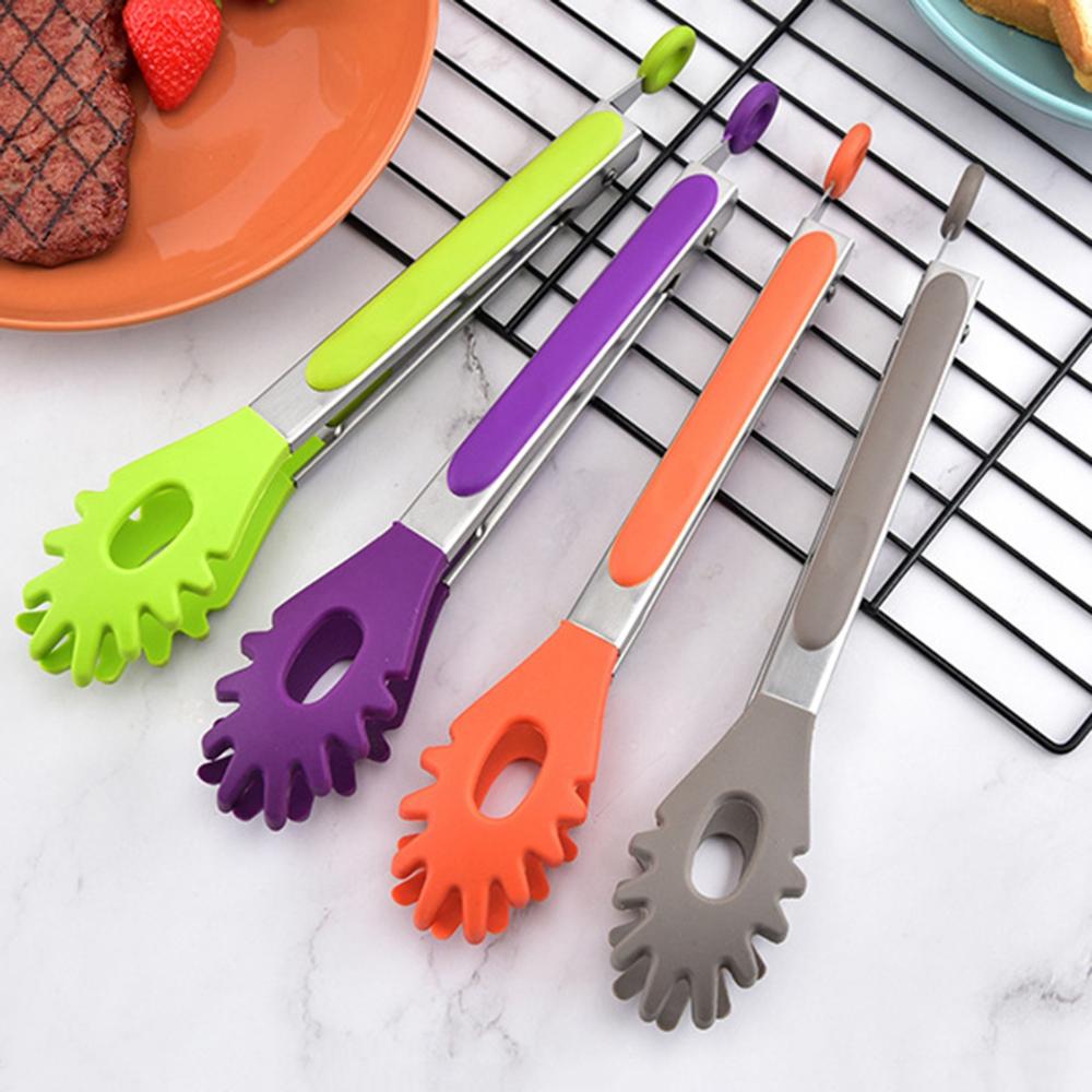 Stainless Steel Handle Non-Slip Silicone Food Serving Tongs Noodles Clamp BBQ Clips Pasta Tools