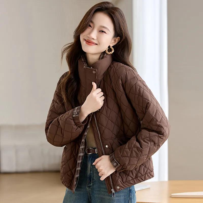 Women's Winter Stand-up Collar Diamond-shaped Grid Thin Cotton-padded Jacket, Autumn and Winter Loose Warm Jacket