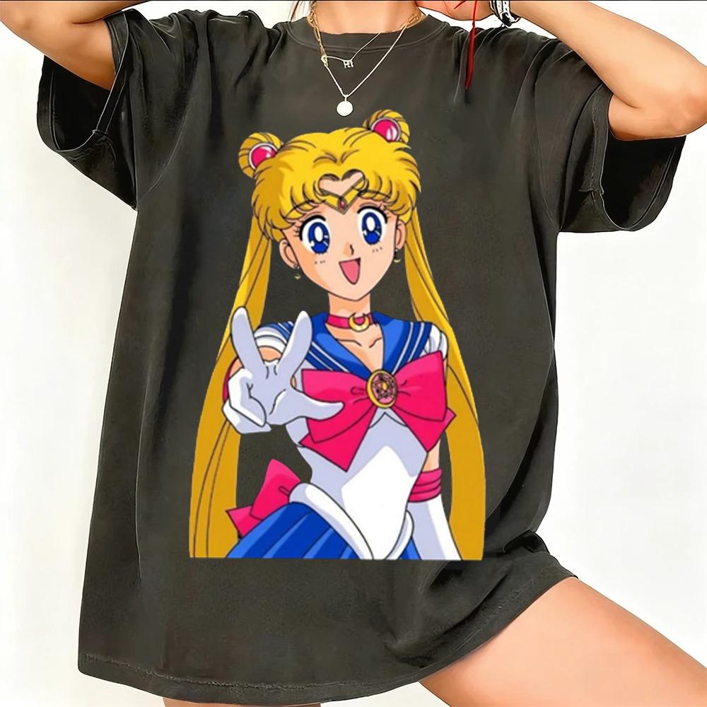 Sailor Moon Ретро 90-х Аниме Графическая Футболка Летняя Хлопковая Унисекс Женская Футболка Уличная Одежда Повседневный Тренд Короткий Рукав Пара Хип-Хоп Топ