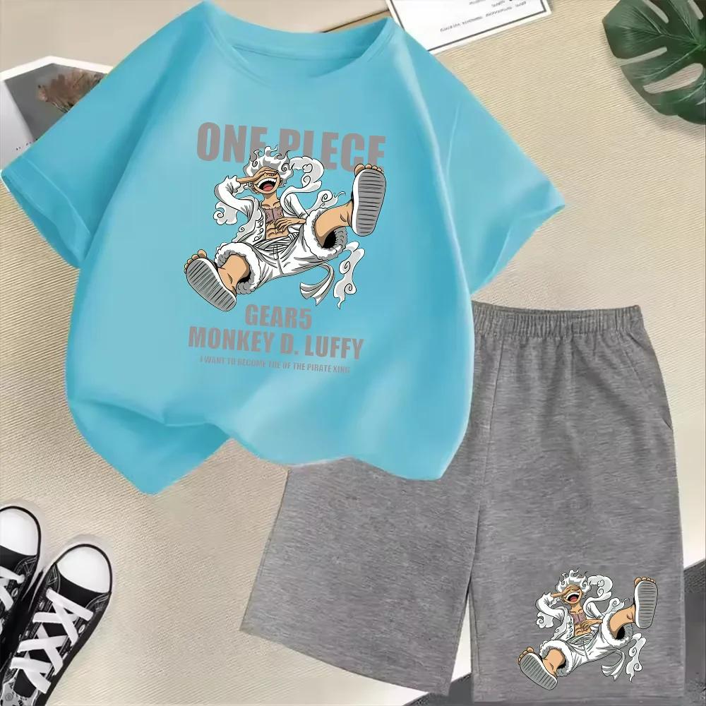 CMTXBandai Summer New Cotton Kids T-Shirt Set Luffy Gear 5 One Piece Children Shorts Sport Casual School Outdoor Boys Tracksuit
