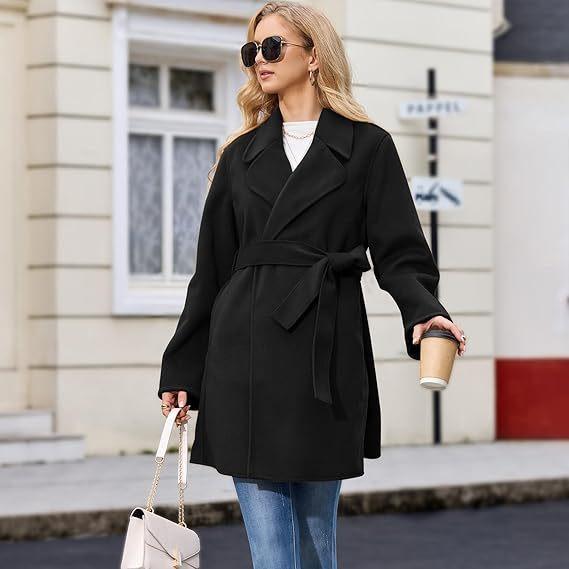 Women's Autumn and Winter Solid Color Long Sleeve Suit Collar Belt Woolen Suit Jacket