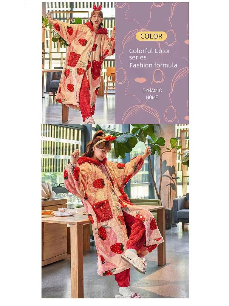 2023 Sweet Strawberry Плотный коралловый флисовый халат-комплект - Cozy Home Loungewear