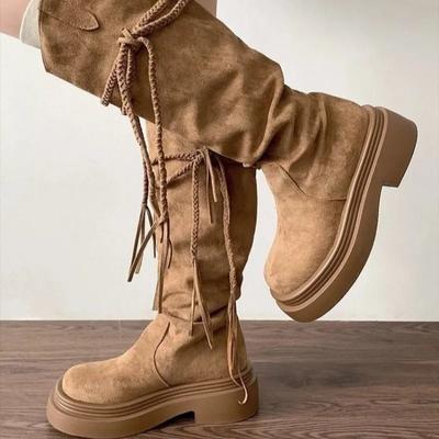 Обувь для женщин 2024 года, горячая распродажа, женские сапоги с перекрестными шнурками, модные, круглые, современные сапоги, женские зимние, однотонные, до колена, сапоги Zapatos