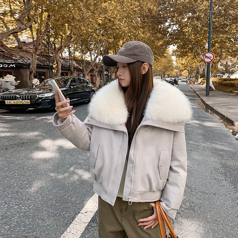 Womens Short Down Cotton Coat With Lamb Fur Collar Winter Elegant Slim Fit Outerwear Small Frames