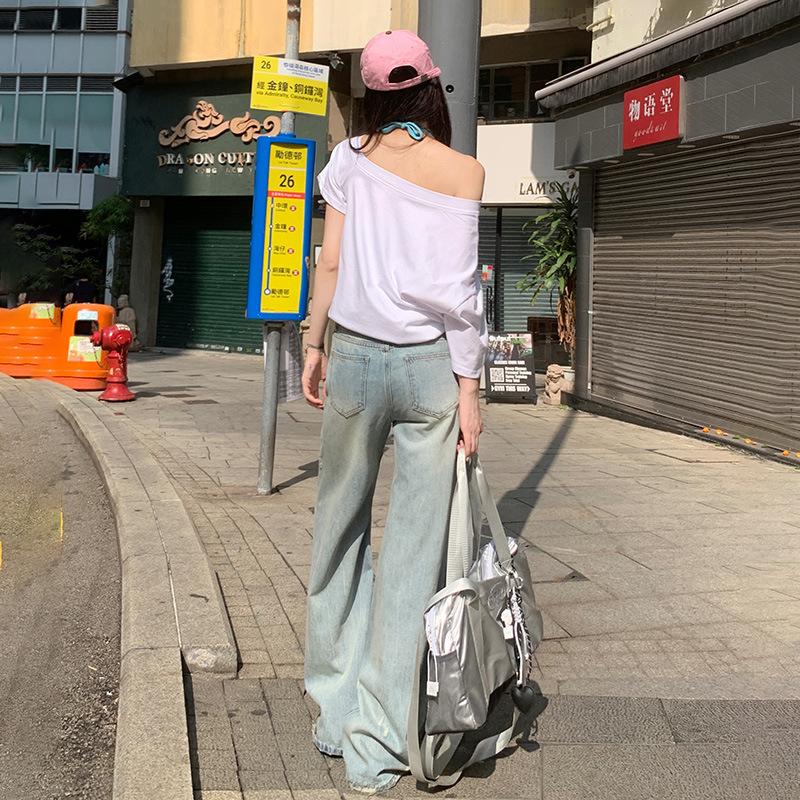 Ленивые рваные джинсы для женщин Весенние свободные джинсы средней талии с широкими штанинами для женщин Широкие джинсы для женщин Рваные джинсы для женщин Похудение