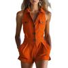 2026 Womens Sleeveless V-Neck Front Button Romper - Slim Fit Straight Cut Shorts In Solid Colors