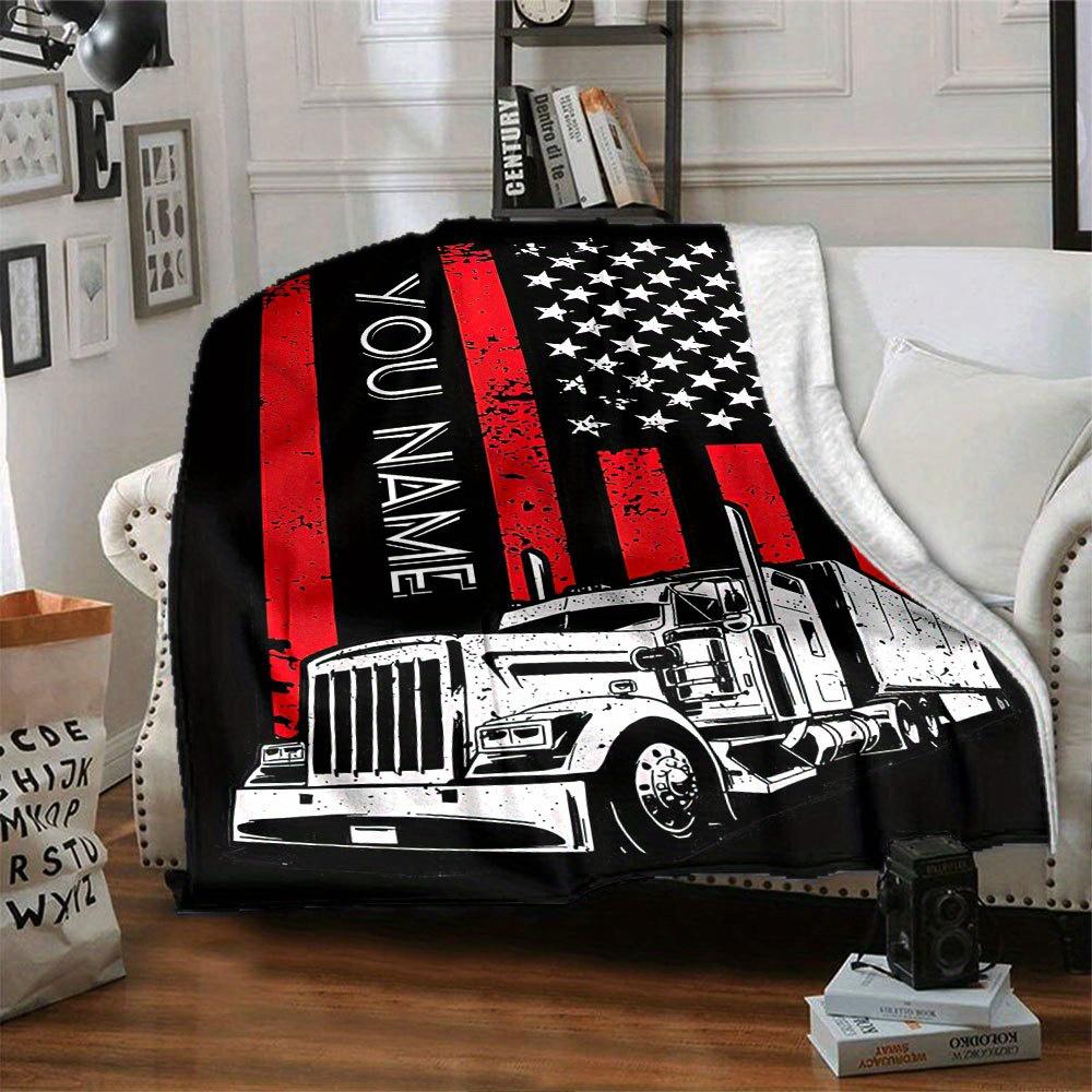 American Flag Trucker Blanket Patriotic Home Decor Gift For Men Women Custom Name Truck Driver Throw Blanket Unique Birthday Christmas Present Idea