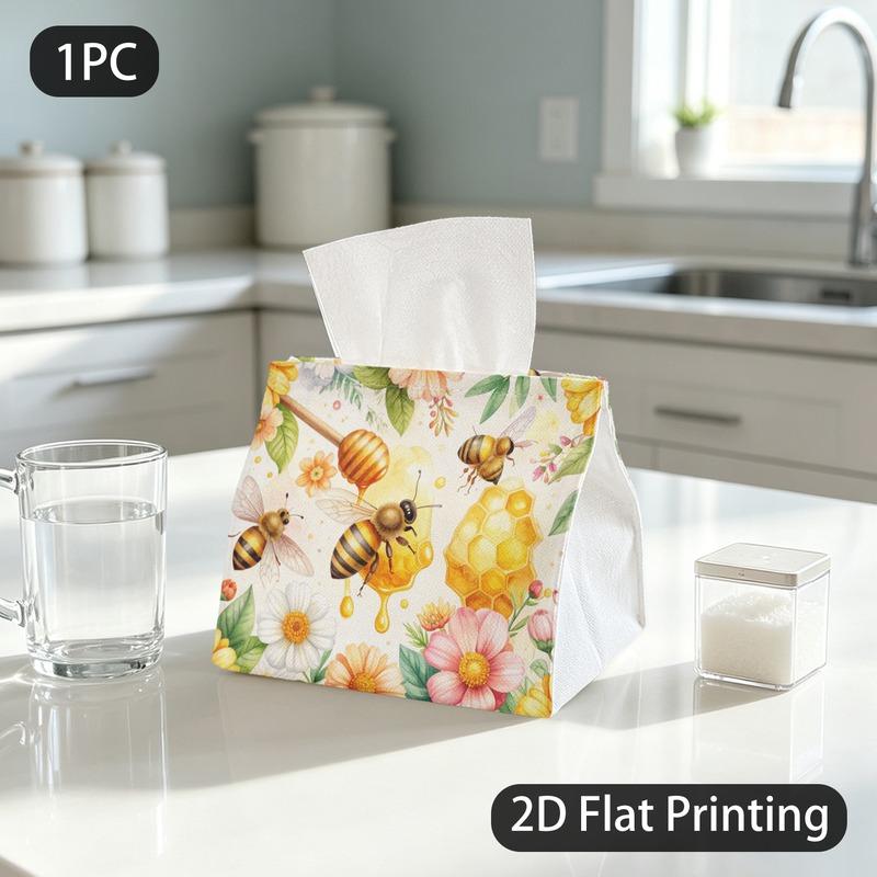 1pc Tissue Box, Watercolor Bees Honey Flowers Fresh Sweet Pattern, 2D Flat Printing, Many Uses, Strong And Firm, Tissue Holder, for Outdoor Use, 2D Fl