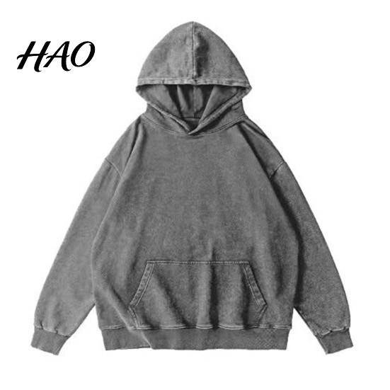 Distressed Washed Cotton Hoodie Fall Spring Unisex Big Pocket Hooded Loose Elastic Cuffs And Hem Sloping Shoulder Pure Color Sportwear Top Autumn