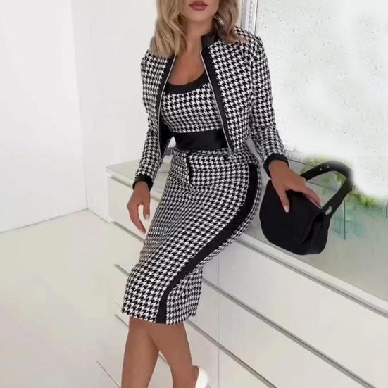 3 шт./компл., женский жилет, пальто, юбка, костюм с высокой талией, застежка-молния, соответствующий цвету, с принтом «елочка», облегающая юбка длиной до колена, элегантная OL, для поездок на работу