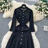 Autumn Winter Women Elegant SP Hollow Out Knitted Sweater Long Midi Christmas Party Split Dresses