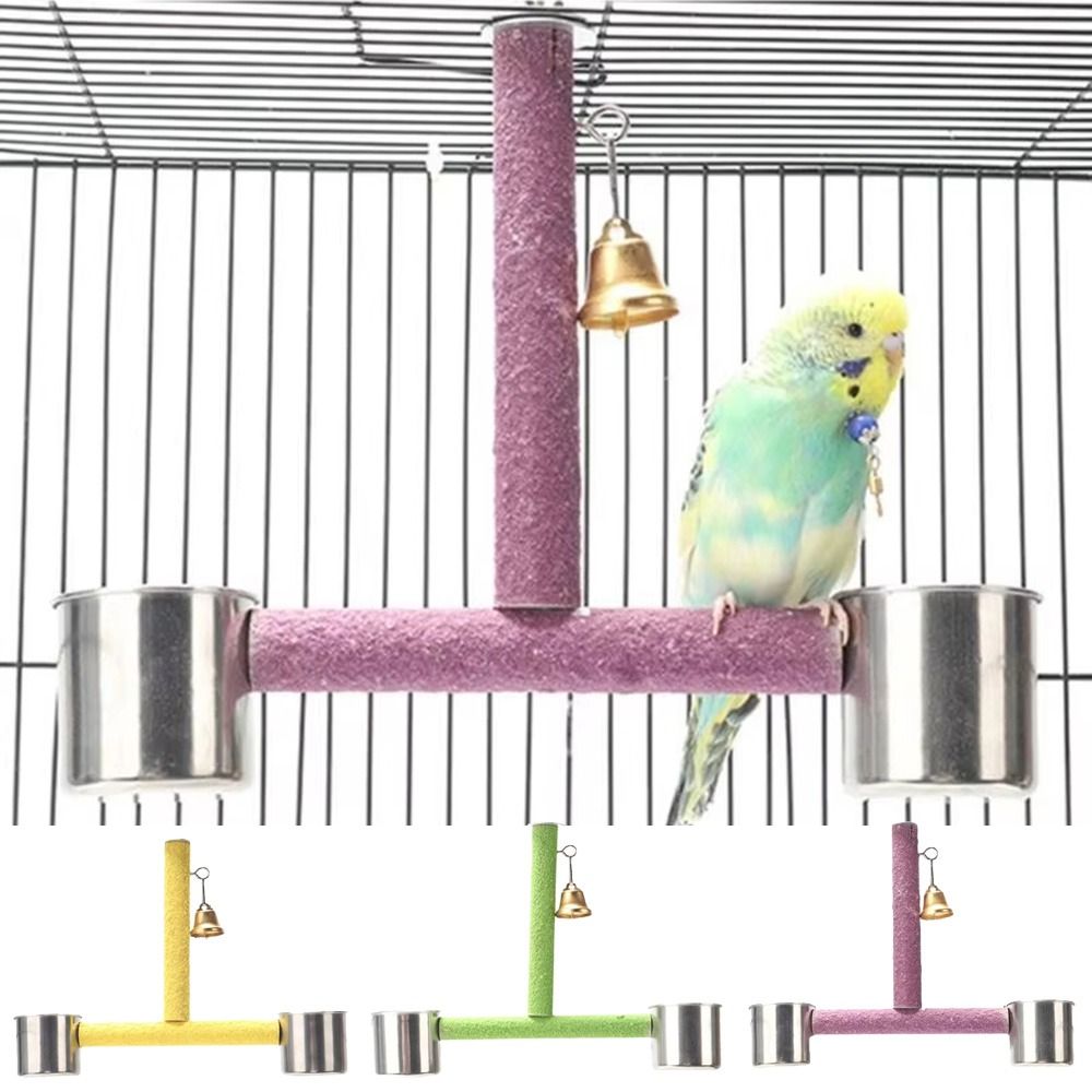 With Feeding Cups Bird Training Stand Easy To Install Wooden Beak Grinding Stick Parakeet