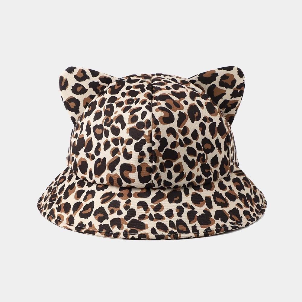 Cow/ Leopard Print Bucket Hat Cat's Ears Basin Hats New Panama Fishing Cap Unisex