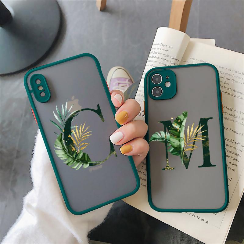 Чехол для телефона с начальной буквой от A до Z Для iPhone 12 13 Mini 11 Pro Max Листья Алфавит Зеленая задняя крышка Для iphone 11 14 promax Чехлы