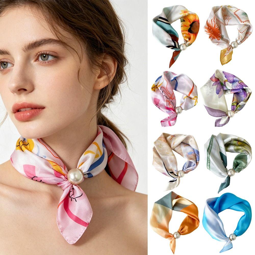 Lightweight Silk Scarf Breathable Printed Neck Scarf Accessory Pearl Buckle Scarf Female
