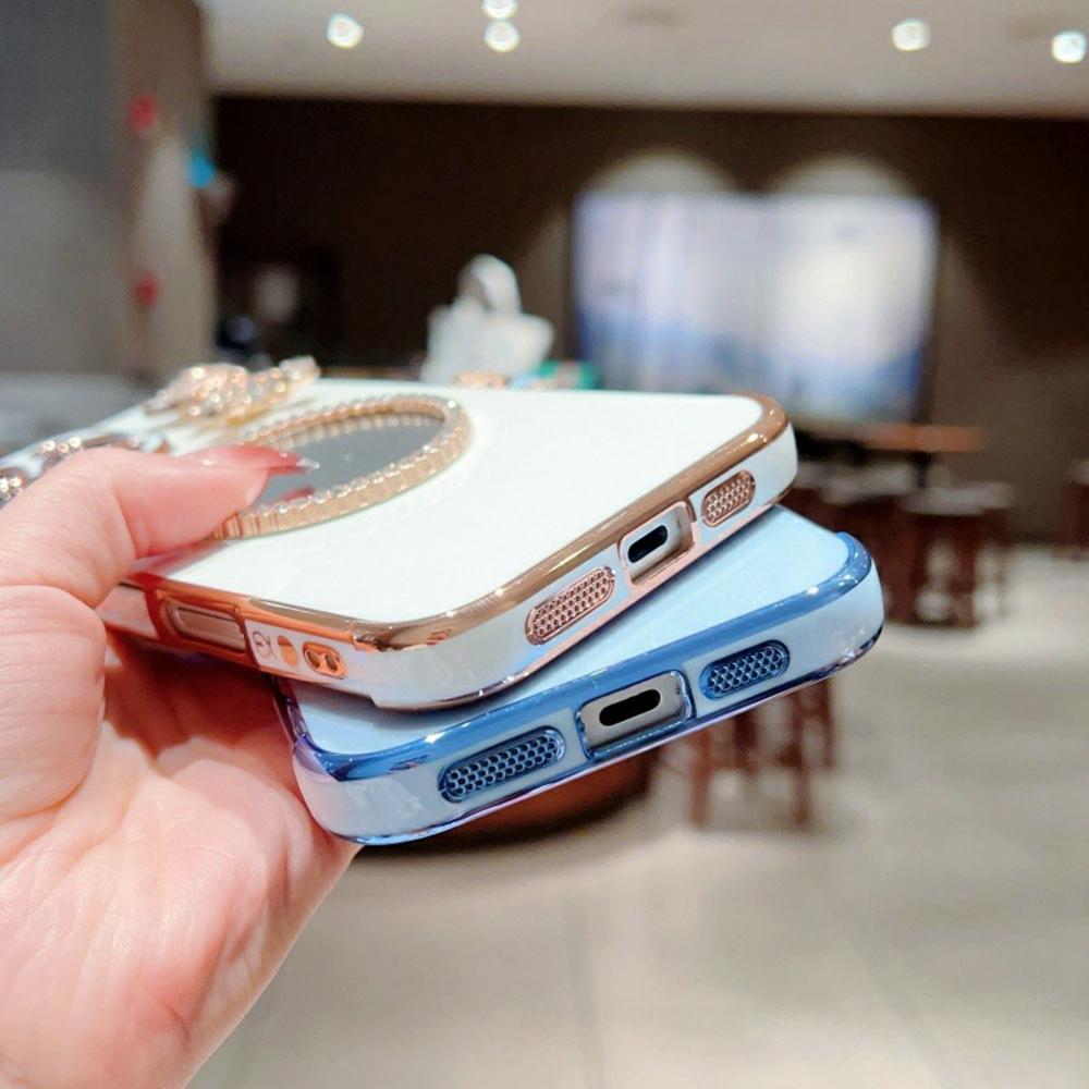 Чехол для iPhone 16 Pro с рисунком сердечек, гальванизированный ТПУ чехол для телефона с маленьким мишкой и зеркалом