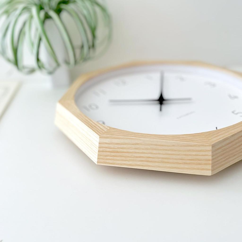 KATOMOKU Muku Clock 7 Natural Octagonal Wall Clock with Continuous Second Diameter km-60NARC8 Hand, 30.0cm (Radio-Controlled Clock)