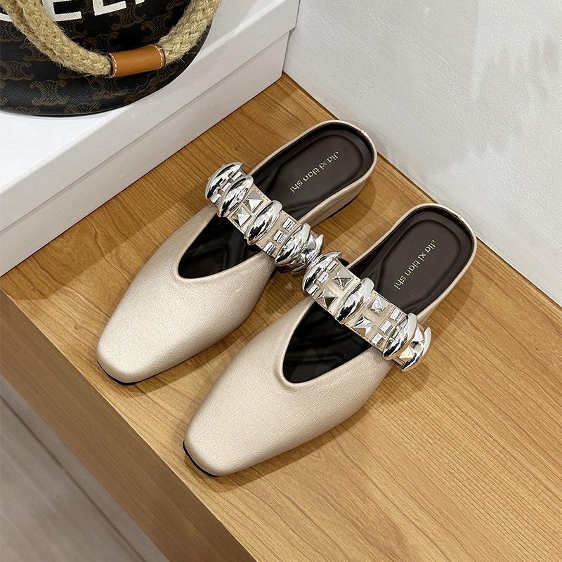 Sheepskin Version~ Zhao Ruth One Word with Rhinestone Bag Head Slippers Women's Retro Summer Flat Bottom Pointed Half Slippers