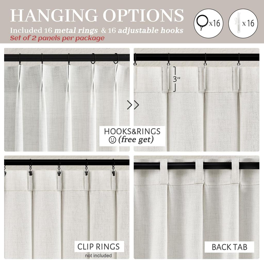 Linen texture living room curtain pleated design shading soft gauze curtain White 2 pieces 107cm * 228cm