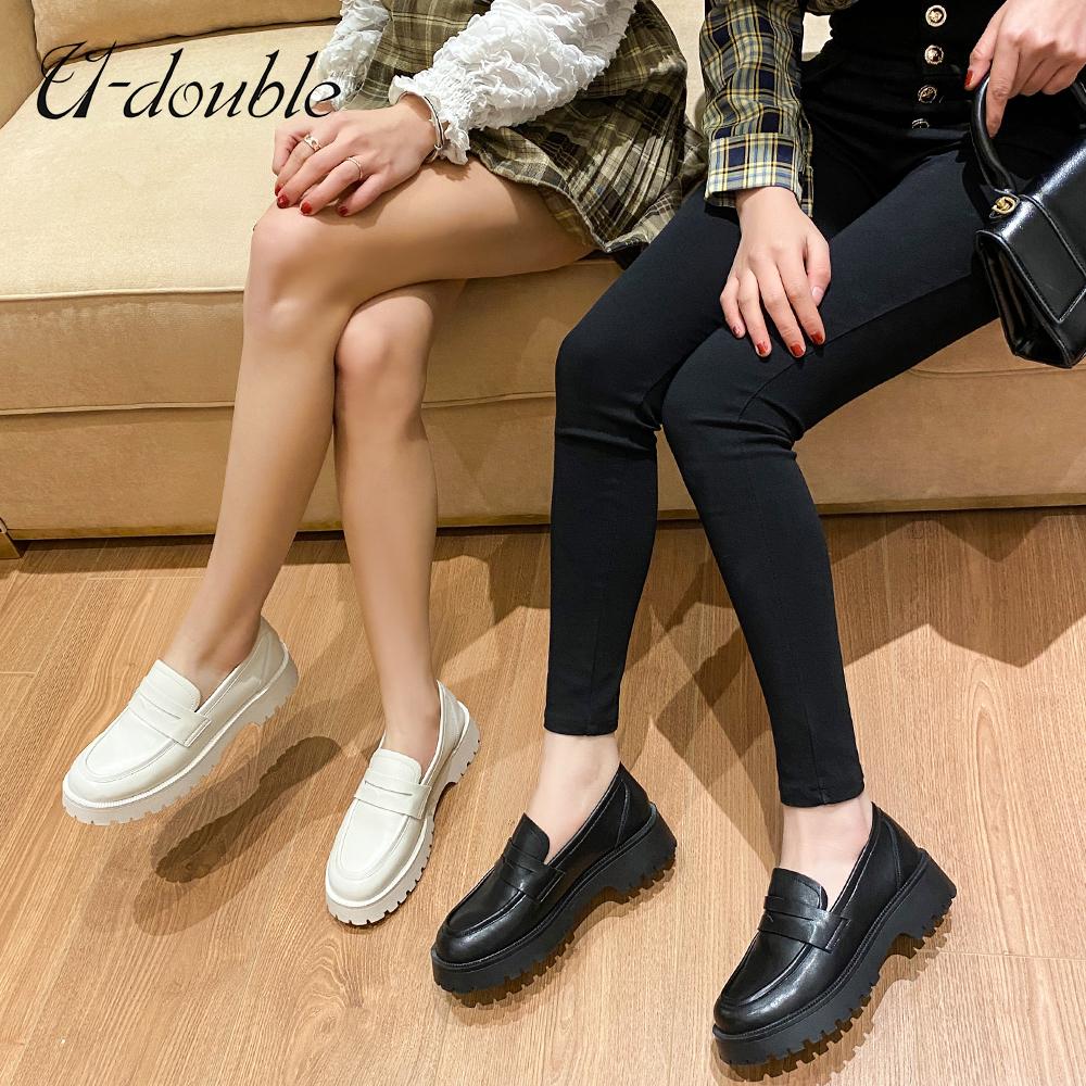 U-Double Spring Shoes Women British Style New Thick-Soled College Style Casual Loafers Genuine Leather Fashion Shoes Girls