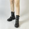 FOREADA Женские ботильоны Круглый носок Толстый высокий каблук Пряжка Молния Заклепки Шнуровка Короткие ботинки Женская модная обувь Зима Черный 43