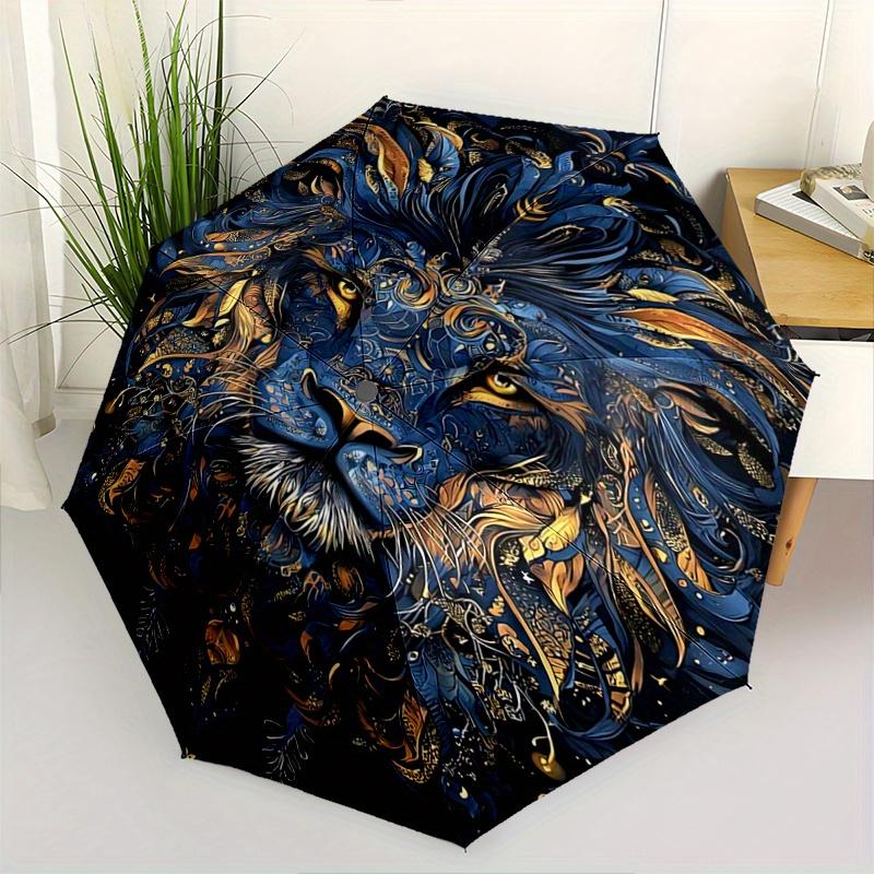 1pc Blue and Gold Ornate Lion Portrait Automatic, Cute Cartoon Pattern, Portable Outdoor Umbrella, Perfect, Holiday Gift for fans.W007