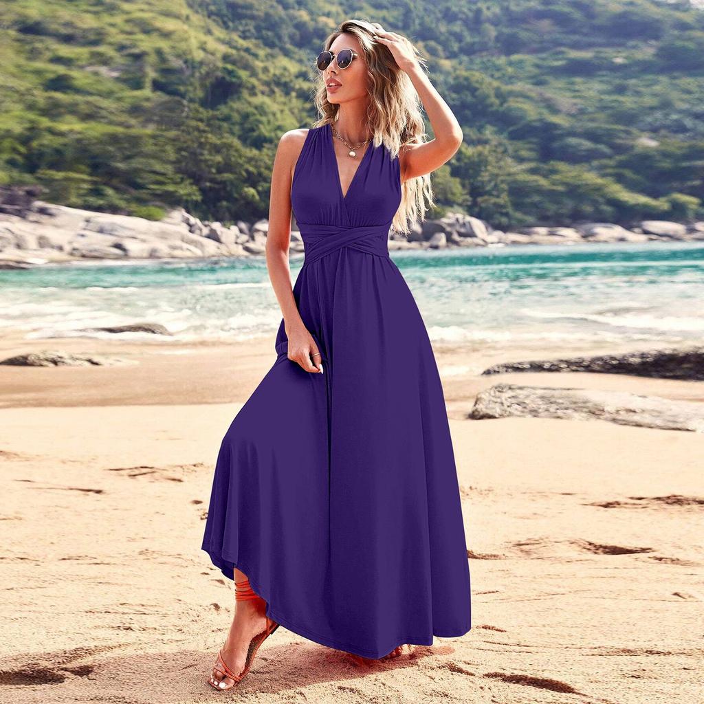 Женское модное летнее платье с открытой спиной и V-образным вырезом без рукавов на бретелях, однотонное платье