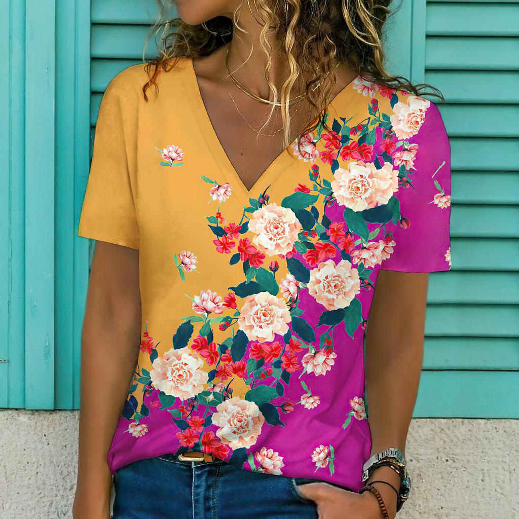Летний топ с V-образным вырезом, 3D-принтом с красивым цветочным узором, модная повседневная женская футболка с коротким рукавом