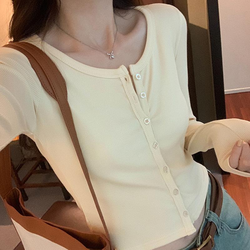 Горячая короткая футболка с длинными рукавами для женщин, осенний новый кардиган, топ для похудения, облегающий круглый вырез, универсальная нижняя рубашка