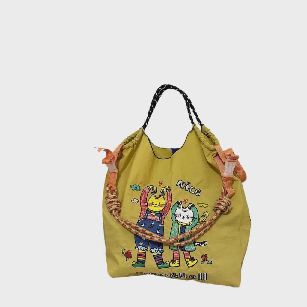 Сумка для покупок в японском стиле с милой мультяшной вышивкой 2024 года — модная, универсальная, вместительная, экологичная сумка через плечо