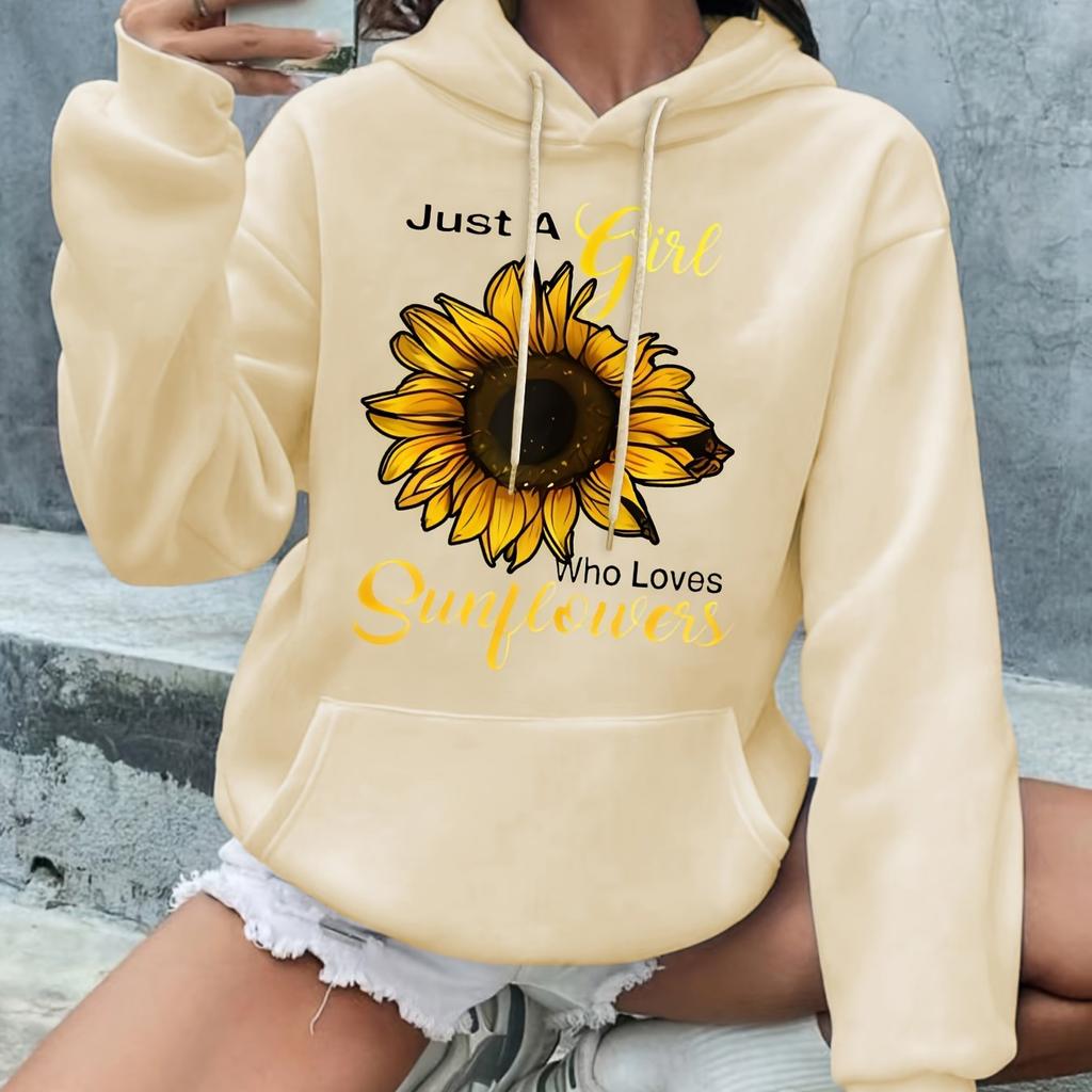 Long Sleeve Drawstring Pullover Pocket Front Hooded Sweatshirt, Sunflower Graphic Fleece Lined Casual Sports Hoodie, Women's Sporty Sweatshirts