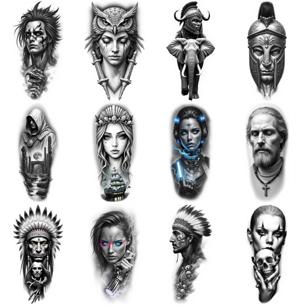12 шт. Временные Татуировки Черно-Серый Реализм Клеопатра Женщина Индийский Вождь Для Женщин Мужчин Бедра