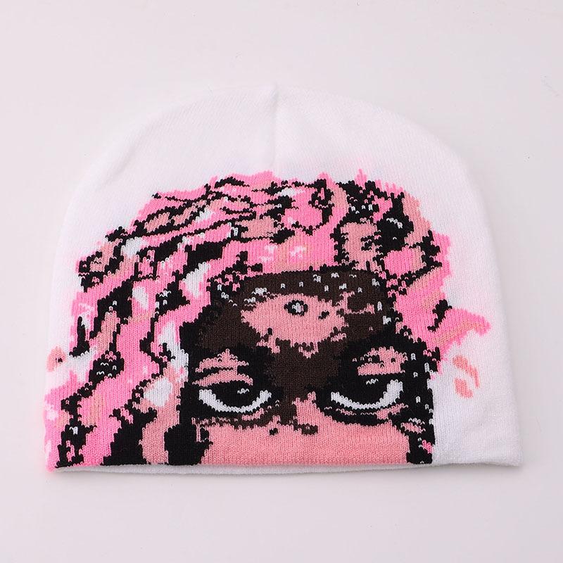 New European and American style knitted hat women's pink curly hair pattern warm wool hat autumn and winter trend versatile cold hat