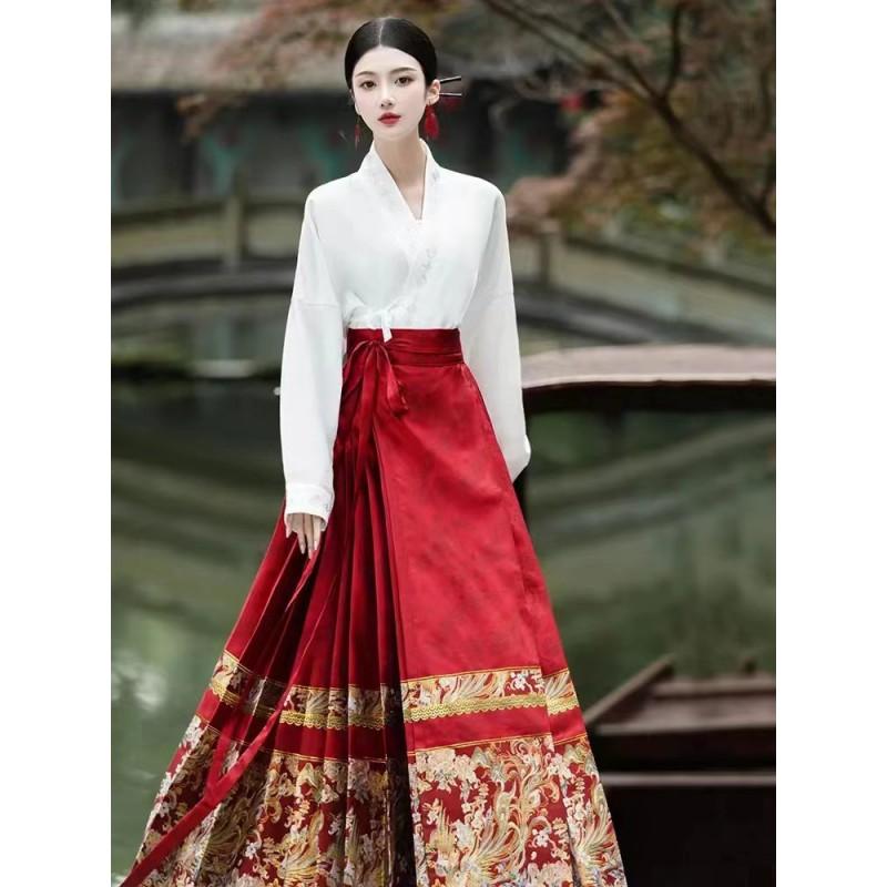 Ming Dynasty Inspired Hanfu Set Womens Embroidered Inner Collar Top Horse-Face Skirt Winter Daily Wear