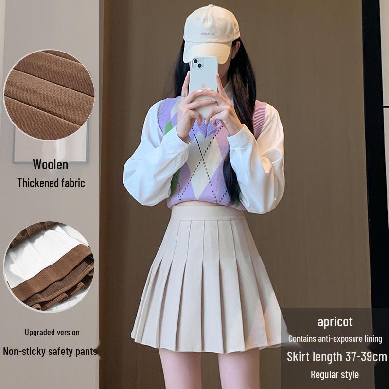 Юбка А-силуэта с высокой талией, плиссированная, шерстяная - Женская осенне-зимняя, прилегающего кроя, больших размеров, в корейском стиле, короткой/миди длины.