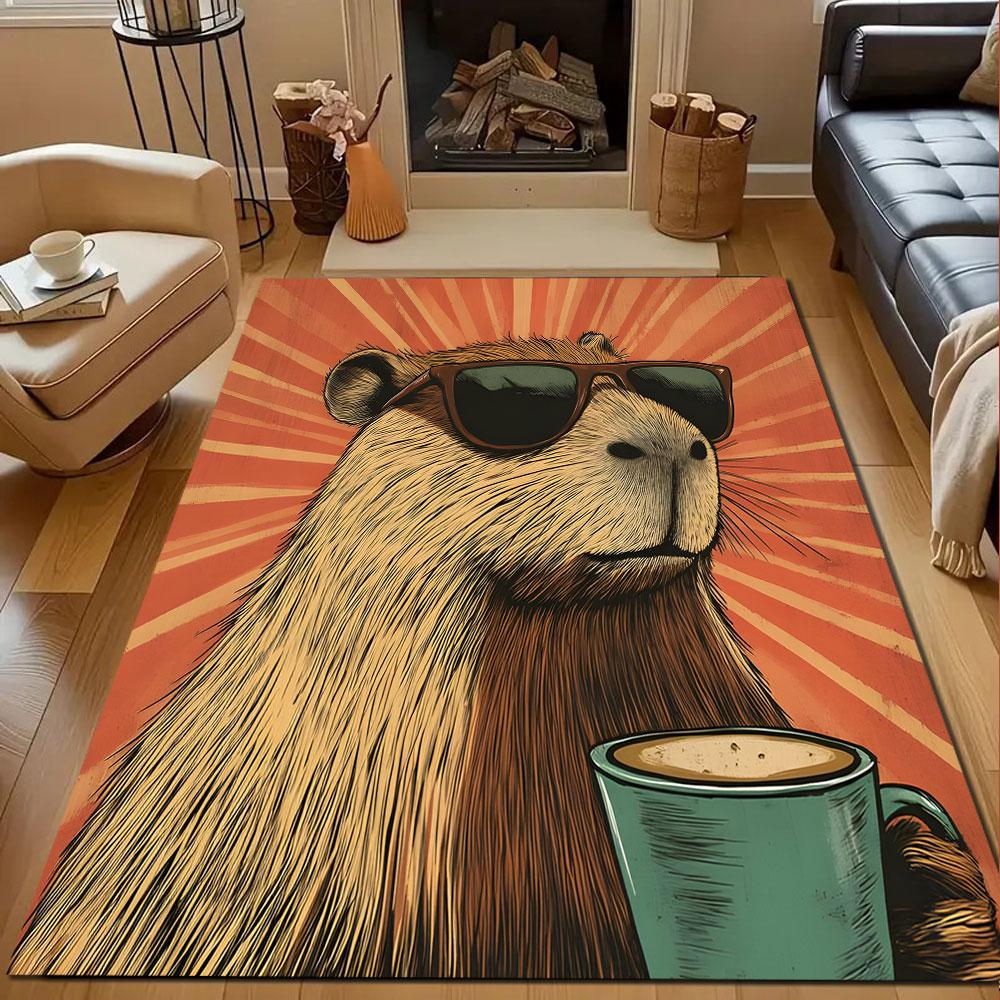 Cool Capybara with Coffee Patterned carpet, non slip mat suitable for living room and bedroom sofas