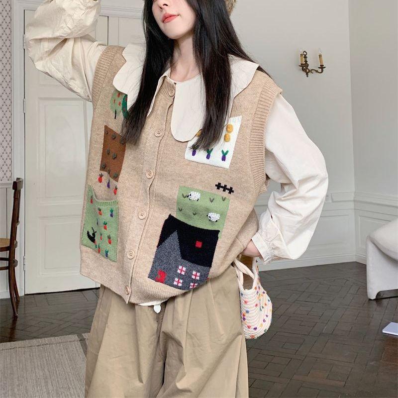 Осень и зима новый контрастный цвет ретро вязаный кардиган жилет женский свободный ленивый стиль мультяшный свитер куртка топ