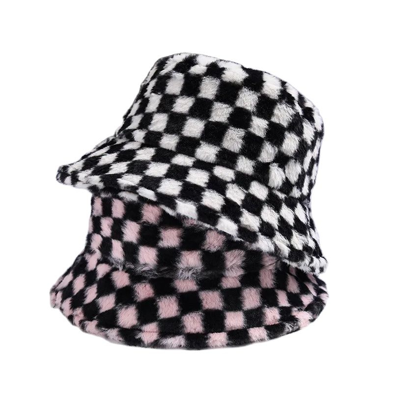 Ins Checkerboard Hat Женская осенне-зимняя корейская версия плюшевая розовая панама студенческая милая теплая клетчатая шахматная шляпа