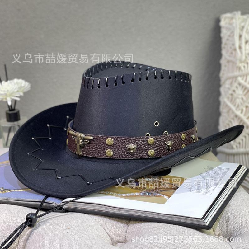 Bull head wide belt cowboy hat Western cowboy hat Men's and women's spring and summer travel sunscreen sunshade performance hat Europe and America