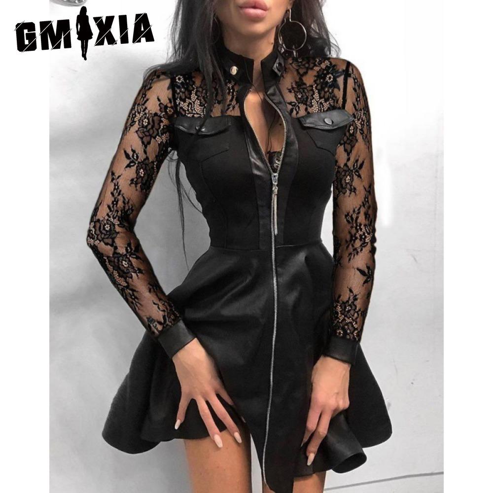 GMXIA Модное женское кружевное мини-платье с длинным рукавом и молнией из искусственной кожи с большим подолом