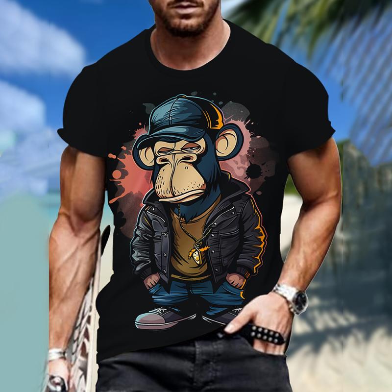 Men's T-shirts Cartoon Monkey 3D Print T-shirt Casual Short Sleeve Crew Neck Tees Oversized Men Clothing Tops Outdoor Streetwear