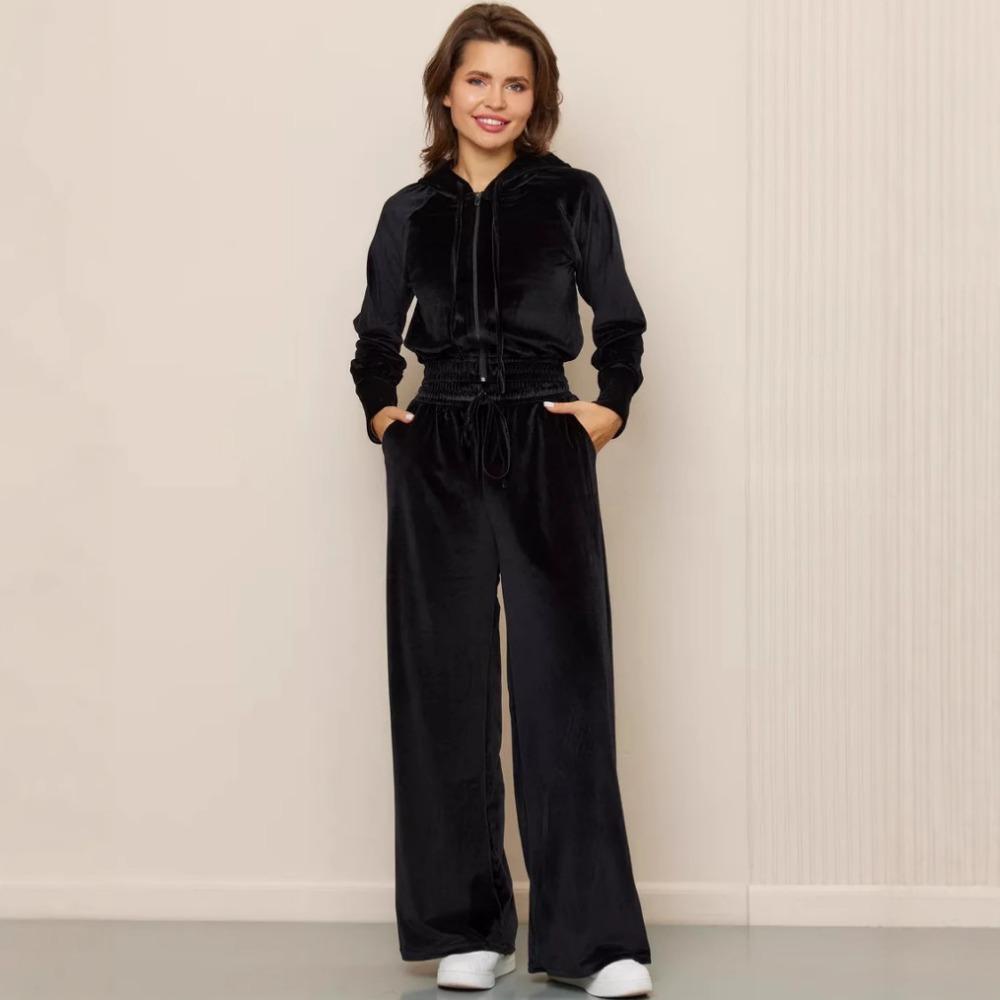 Женский повседневный спортивный костюм из 2 предметов однотонный велюровый кардиган на молнии с капюшоном с длинным рукавом + брюки с широкими штанинами на эластичной талии