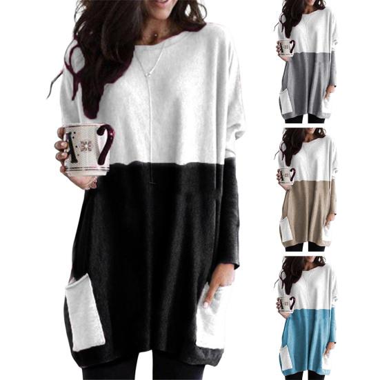 Women Tops Round Neck Long Sleeve Color Block Pullover Tops with Pockets Loose Fit Mid-length Shirt Daily Wear