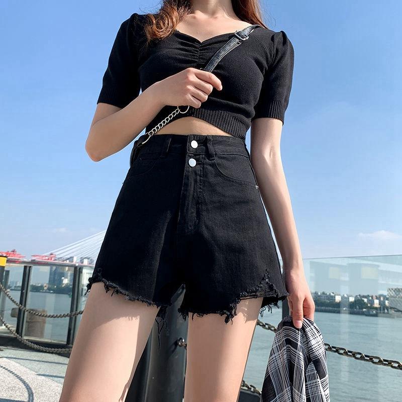 Тканые брюки Классика и минимализм Мода Универсальные Сломанные Дыры Женские Летние Свободные Тонкие Секции A Word Широкие Джинсовые Шорты